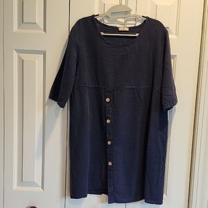 Women's Navy Pull Over European Linen Tunic Top with Short Sleeves Size Large
